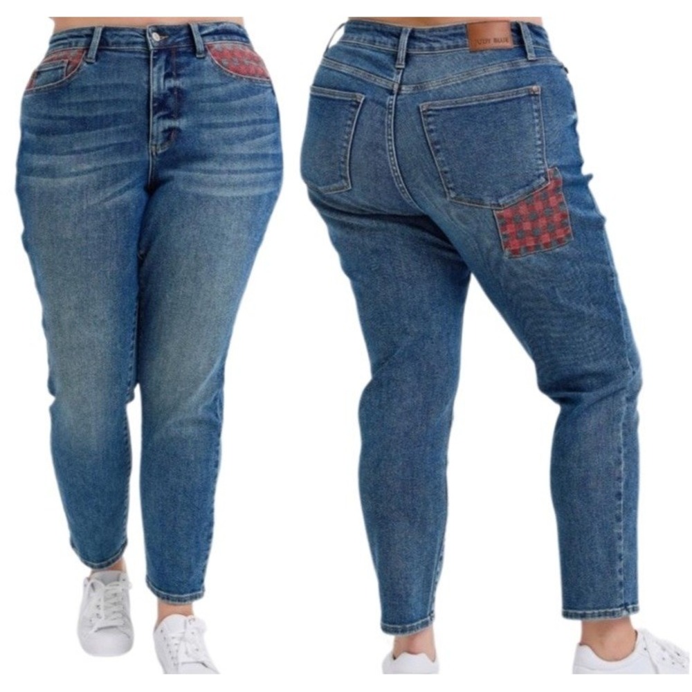 Judy‎ Blue Red Plaid Patchwork High-Rise Denim Jeans Slim Fit Ankle 16W